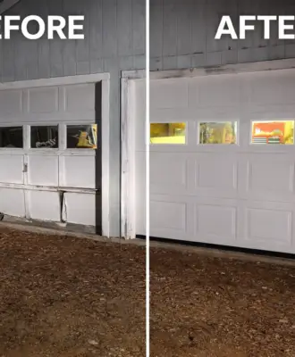 Before and after double garage door installation showing old damaged doors replaced with new white garage doors in Massachusetts