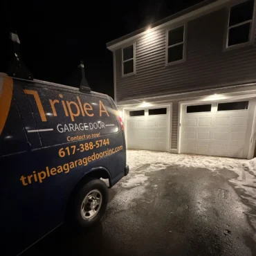 Triple A Garage Door van at night after emergency garage door repair in Waltham MA
