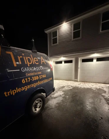 Triple A Garage Door van at night after emergency garage door repair in Waltham MA