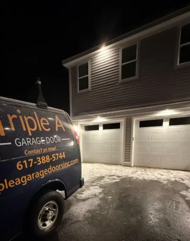 Triple A Garage Door van at night after emergency garage door repair in Waltham MA