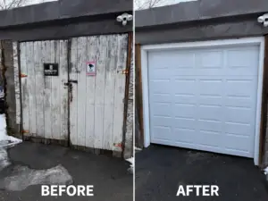 Before and after garage door replacement project completed by Triple A Garage Doors in Massachusetts