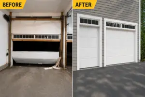 Before and after garage door replacement after accident damage completed by Triple A Garage Doors in Massachusetts