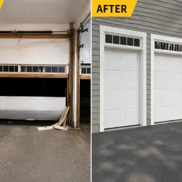Before and after garage door replacement after accident damage completed by Triple A Garage Doors in Massachusetts