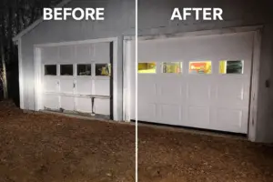 Before and after garage door replacement showing old damaged door upgraded to new white garage door in Massachusetts