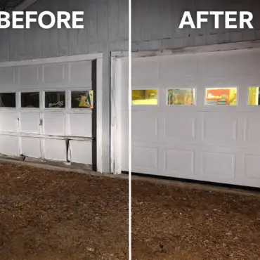 Before and after garage door replacement showing old damaged door upgraded to new white garage door in Massachusetts