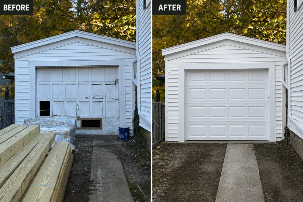 Before And After Garage Door Replacement Showing Damaged Old Wood Door Upgraded To New White Garage Door In Massachusetts