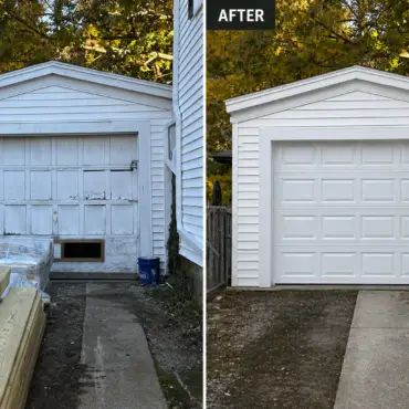 Before and after garage door replacement showing damaged old wood door upgraded to new white garage door in Massachusetts