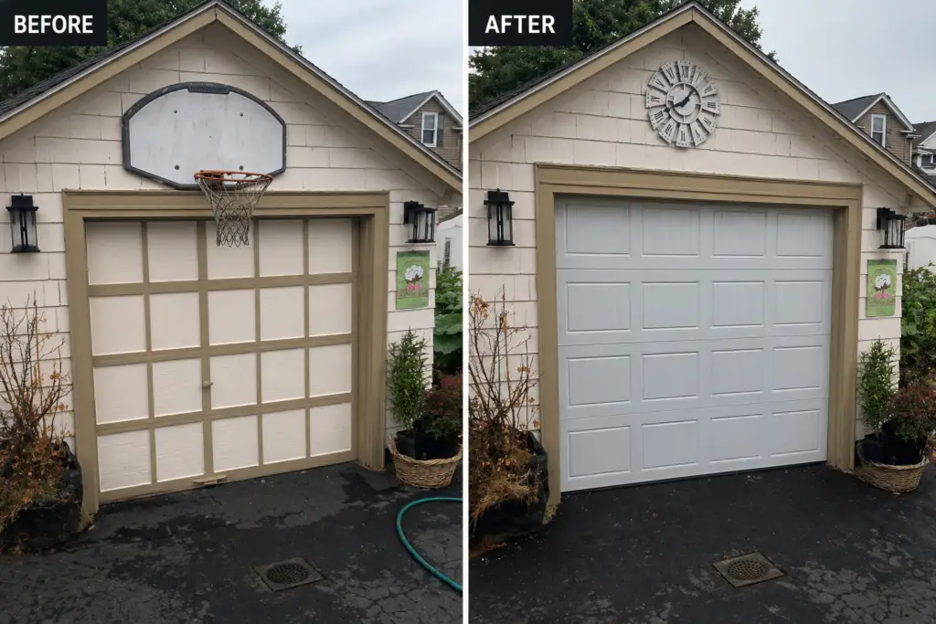 Before And After Residential Garage Door Upgrade Showing Old Carriage Style Door Replaced With Modern White Garage Door In Watertown Massachusetts