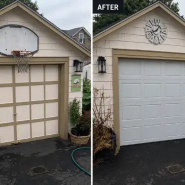 Before and after residential garage door upgrade showing old carriage style door replaced with modern white garage door in Massachusetts