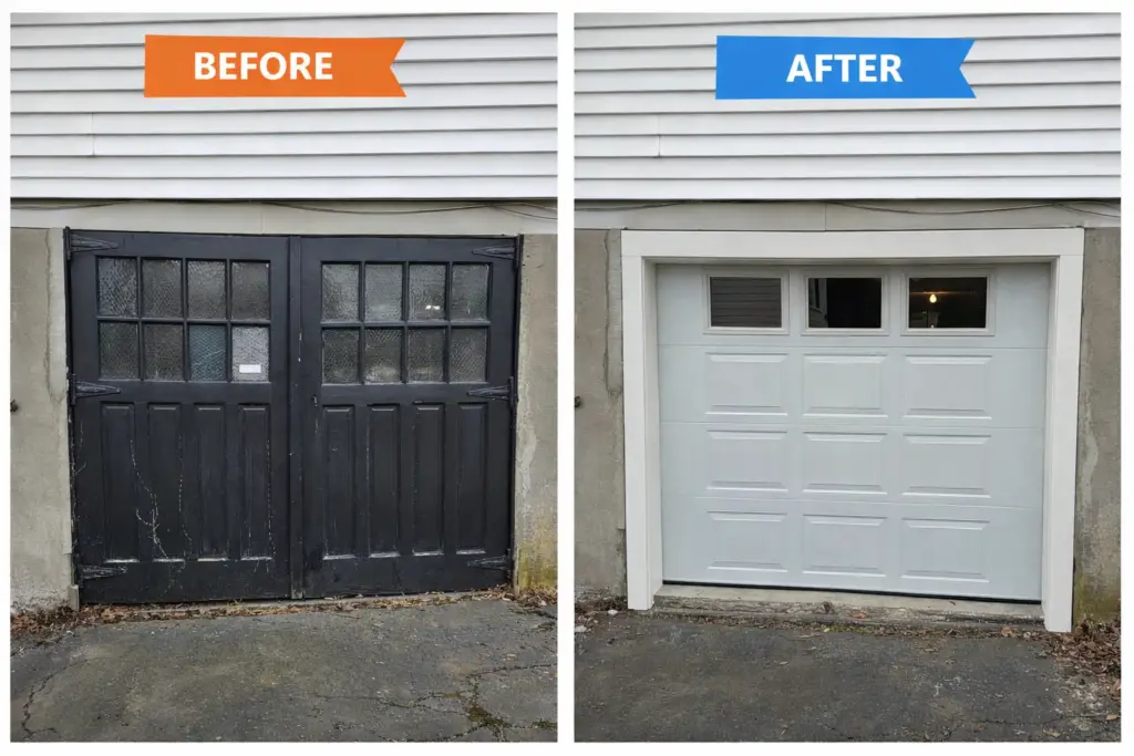Before And After Garage Door Replacement Showing Old Black Doors Upgraded To New White Garage Door In Massachusetts