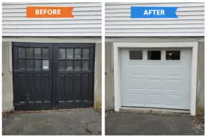 Before and after garage door replacement showing old black doors upgraded to new white garage door in Massachusetts