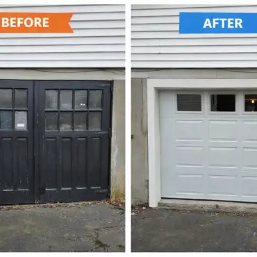Before and after garage door replacement showing old black doors upgraded to new white garage door in Massachusetts