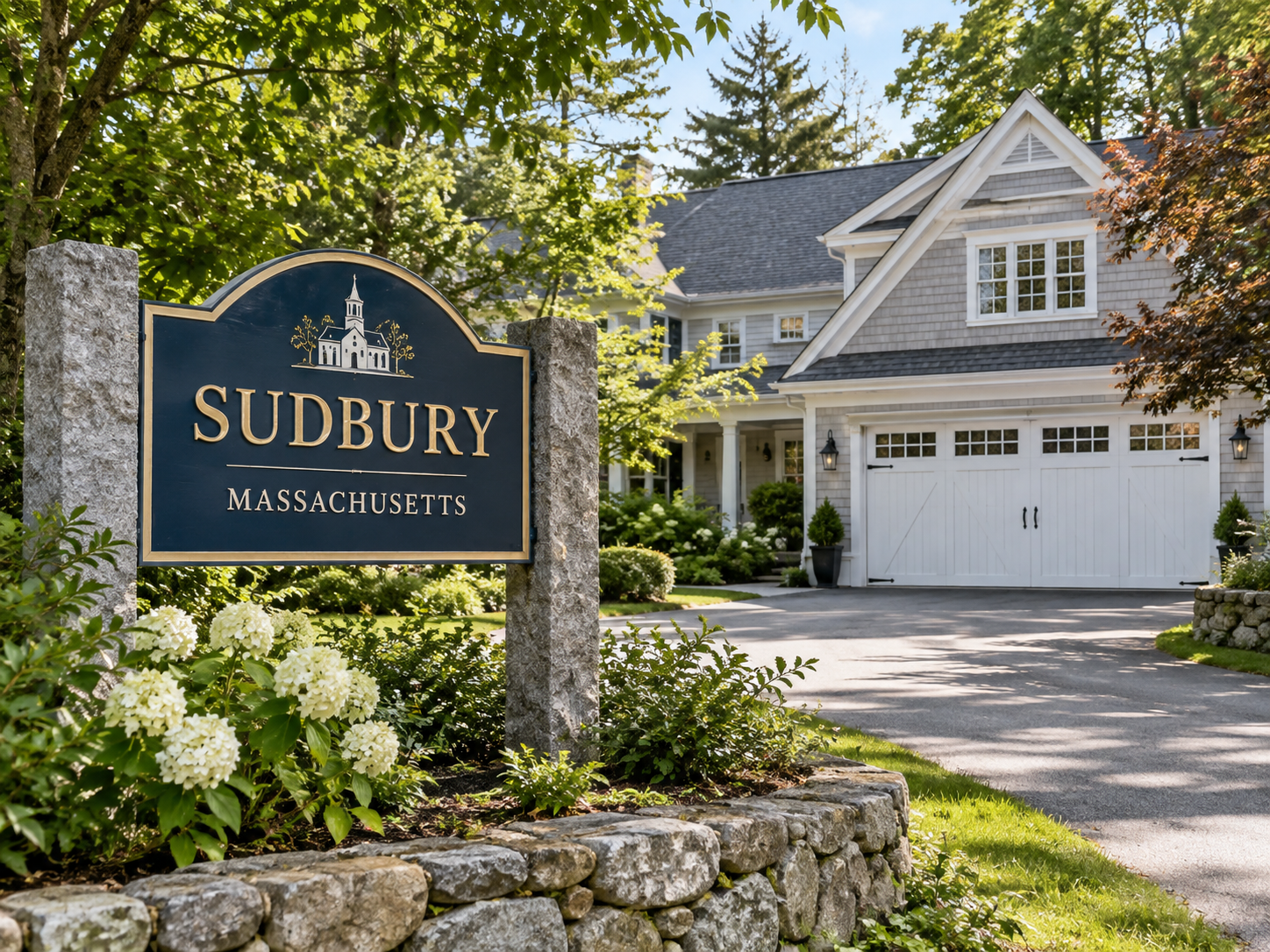 Sudbury Massachusetts Welcome Sign With A Carriage-Style Garage Door